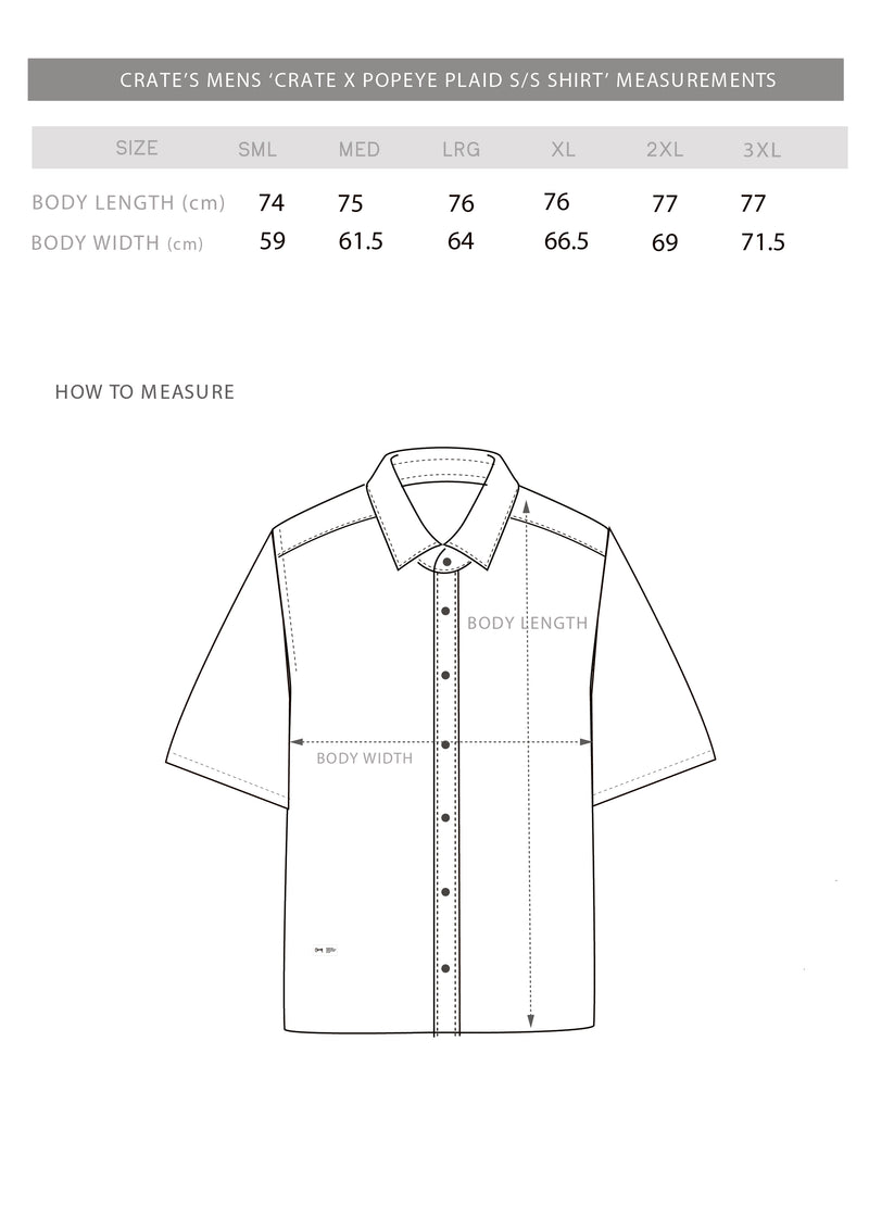 CRATE X POPEYE PLAID S/S SHIRT SIZE CHART