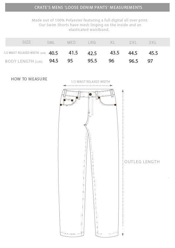 loose denim pants size chart