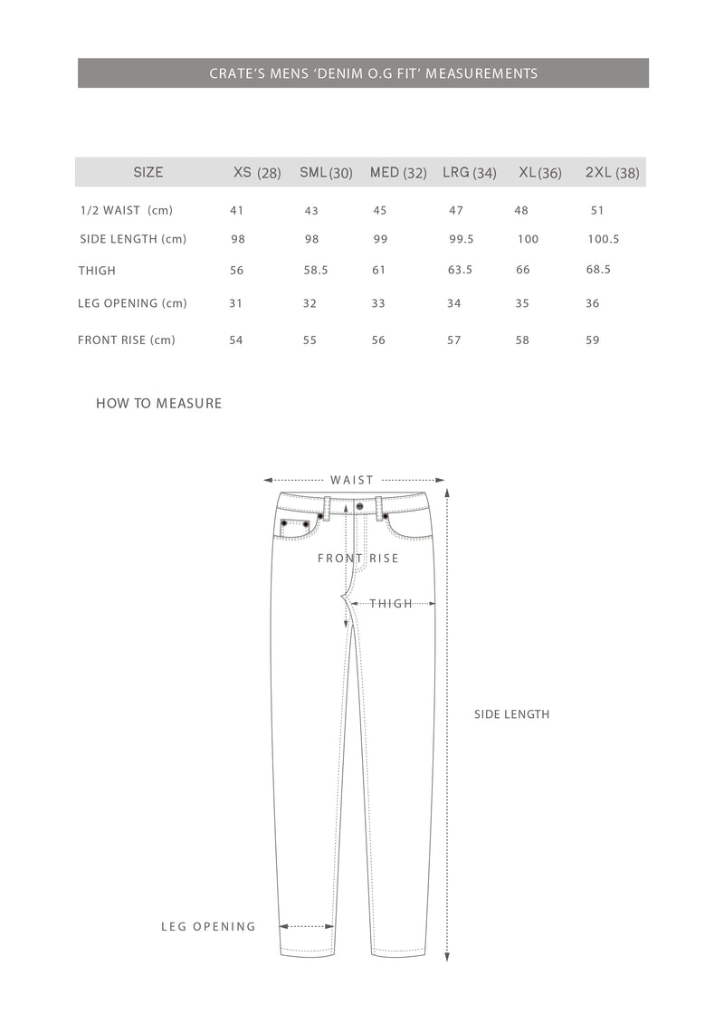 slim denim fit size chart