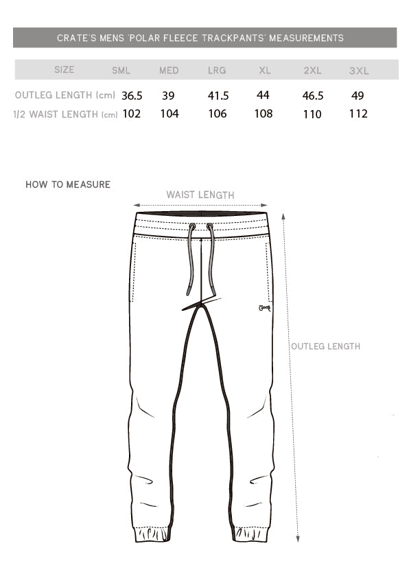 polar fleece track pants size chart