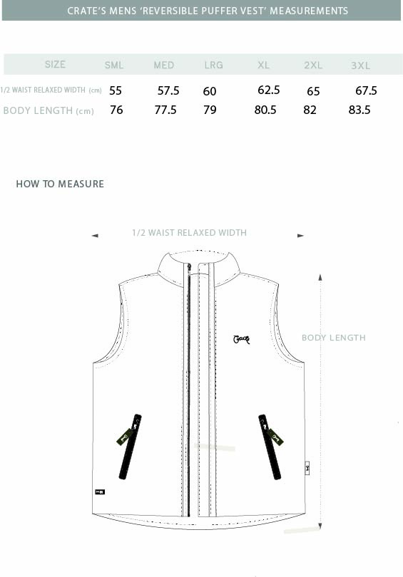 Reversible puffer vest size chart